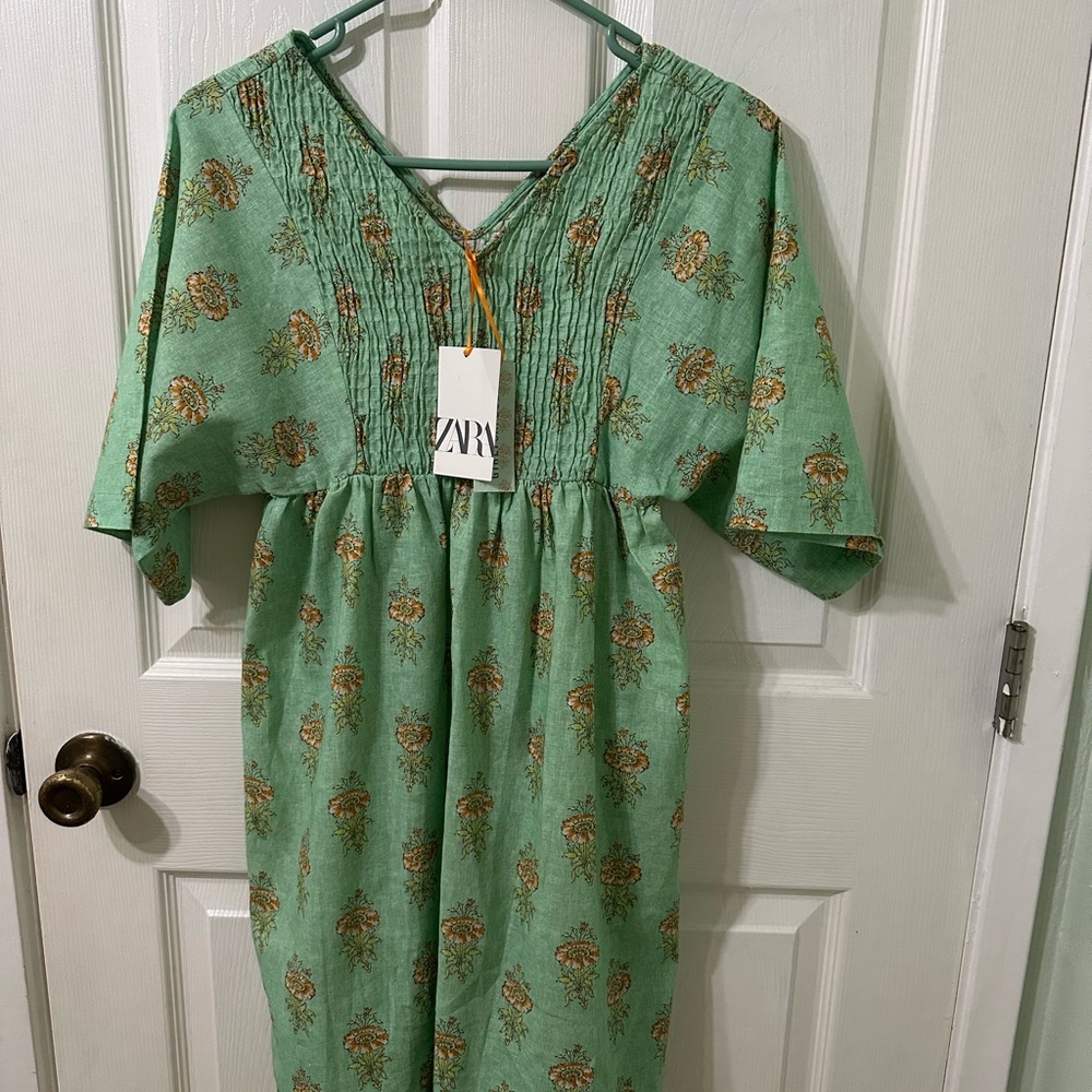 Zara Mint Green Floral Smocked Dress